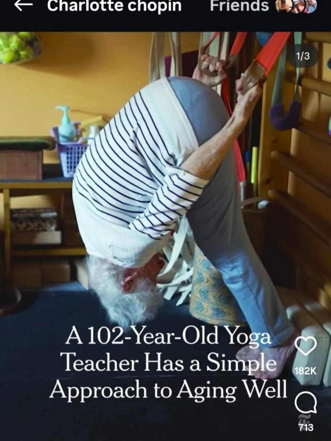 ⭐ A Day in the Life of a 102-Year-Old French Yogi ⭐

This yogi says keep moving. 💜 

For decades, Charlotte Chopin has been teaching yoga in Léré, a village in France. At 102 years old, she maintains a simple approach to aging well.

Video by Theodore Tae and Antoine Castagné for The New York Times

Read the story here: https://nyti.ms/3VGTdgZ​
Subscribe: http://bit.ly/U8Ys7n​
More from The New York Times Video: http://nytimes.com/video​
----------
Whether it's reporting on conflicts abroad and political divisions at home, or covering the latest style trends and scientific developments, New York Times video journalists provide a revealing and unforgettable view of the world. It's all the news that's fit to watch.

#yoga #keepmoving #wellbeing #yogaforeverybody  #AgingWell