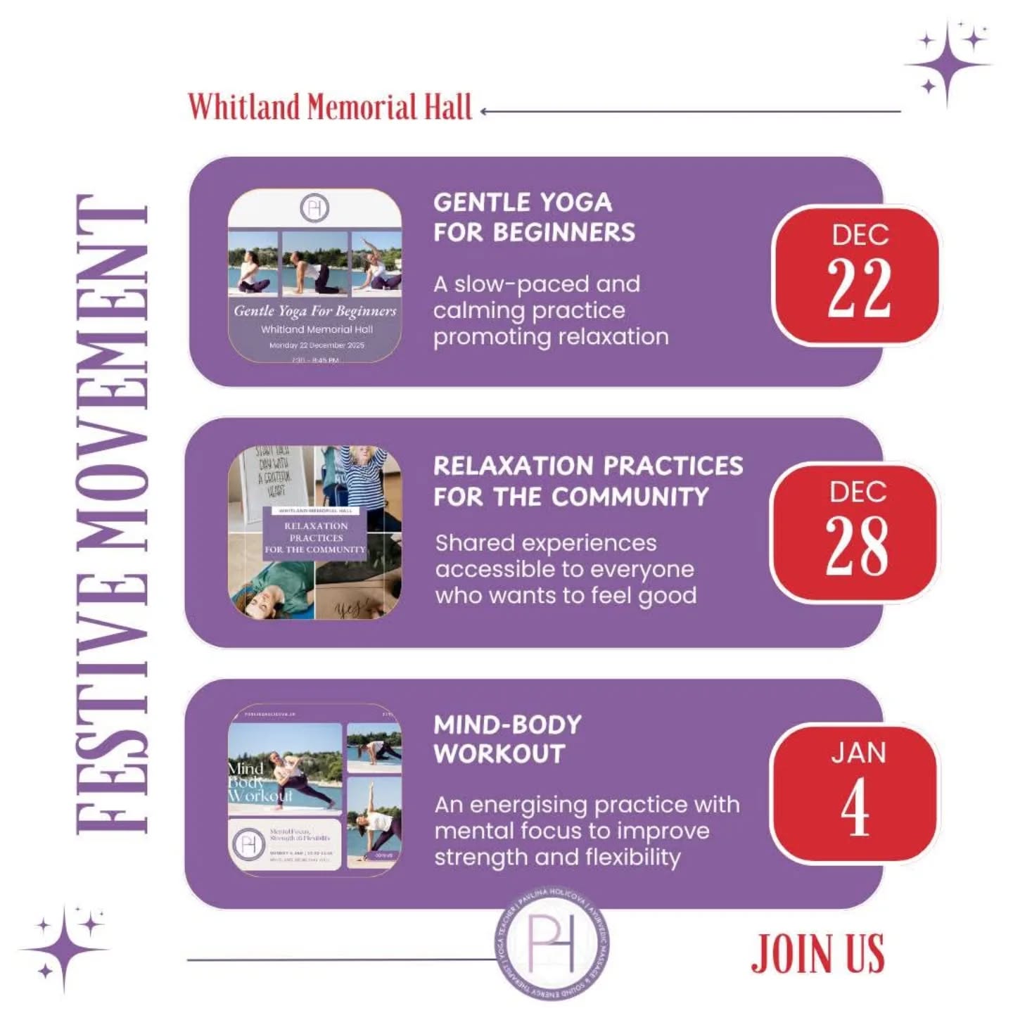 🎊 Festive Movement Series 🎊 is back on in the Whitland Memorial Hall this Christmas and in the New Year. 
How exciting! ❤

✅ Open to all
✅ Accessible and inclusive
✅ All ages welcome
✅ No previous experience necessary
✅ All practices can be modified and done on a chair, wheelchair or mat
✅ Chair, mats and props provided

💜 Invite your family and friends or anyone else who may be interested.

⭐️ Gentle Yoga For Beginners 
📆 Monday 22 December
⏰ 7:30 - 8:45 PM

⭐️ Relaxation Practices For The Community
📆 Sunday 28 December
⏰ 3 - 4:15 PM

⭐️ Mind Body Workout
📆 Sunday 4 January 
⏰ 10:30-11:45 AM

If you have any questions, do not hesitate to contact Pavlina 

☎️ 07942583315
📧 info@pavlinaholicova.uk

More details to come shortly 🙂

Many thank 🙏💜🪷

#yoga #yogawales #yogawhitland #yogacarmarthenshire #wellnesscarmarthenshire #christmas2025 #mindfulnes #mindfulmovement #relaxation #community #communityrelaxation #communitysupport #communityyoga #yogaworkout #wellbeingwales #wellness #WellnessChristmas #pavlinaholicova #whitland #whitlandmemorialhall #supportlocal #supportlocalbusiness #FestiveSeason #festivemovement #familytime #together #carmathenshire #westwales