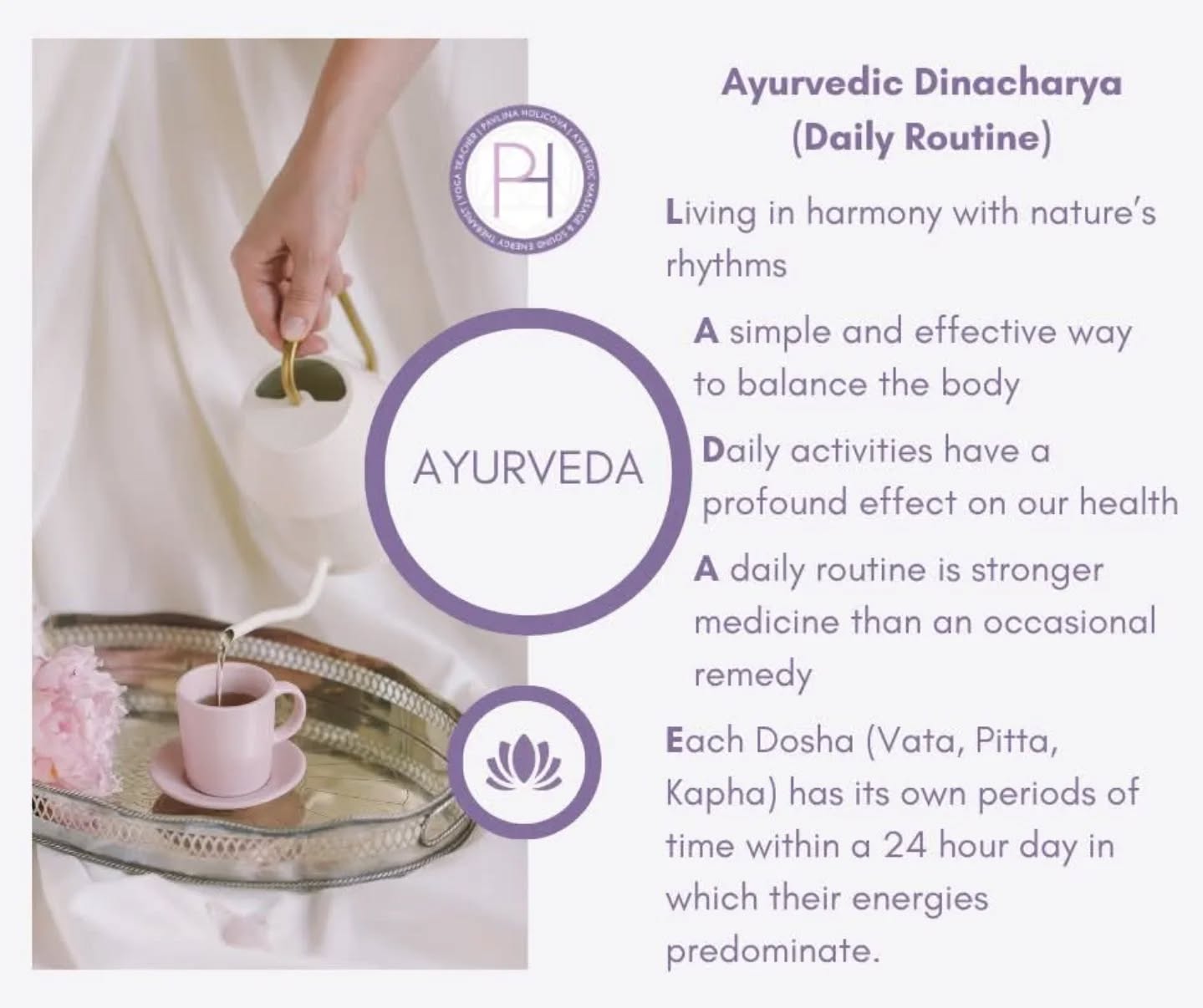 According to Ayurveda one should follow Dinacharya (daily routine) to lead a healthy and disease free life. 

A daily routine is absolutely necessary to bring radical change in body, mind, and consciousness. 

Routine helps to establish balance in one’s constitution. It also regularizes a person’s biological clock, aids digestion, absorption and assimilation, and generates self-esteem, discipline, peace, happiness, and longevity.

Source:
The Daily Ayurvedic Routine for Mind, Body & Consciousness - Vasant Lad BAM&S, MASc
https://ayurveda.com/the-daily-routine/
file:///C:/Users/Pavlina/Downloads/article_1550559428.pdf

#ayurveda #ayurvedalifestyle #dinacharya #dailyroutine #biologicalclock #selfesteem #selfcare #longevity #doshas #sattvic #tridosha #gitrack #tonguescrapper #tounguescraping #nasya #karanapurana #abhyanga #AyurvedicMassage #therapeuticmassage #pranayama