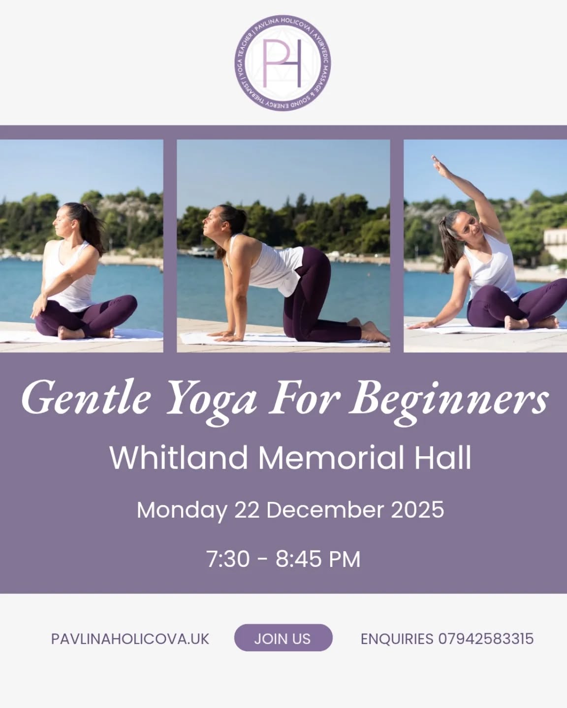 Relaxation and self-care are crucial before Christmas to help manage the significant stress, anxiety, and physical exhaustion that often accompany the holiday season. 
Prioritizing your well-being allows you to be more present and genuinely enjoy time with loved ones. 

Let's relax together 🙏🏻💜🪷

⭐️ Gentle Yoga For Beginners | Drop-in

📍 Whitland Memorial Hall, Market Street, SA34 0QB
📆 Monday 22 December
⏰ 7:30 - 8:45 PM
⭐️ Investment £5 / per person, including a 75-min yoga session, and a free hot drink after the session
NOTE: Payments accepted on arrival.

✅ Open to all
✅ Accessible and inclusive
✅ All ages welcome
✅ No previous experience necessary
✅ All practices can be modified and done on a chair, wheelchair or mat
✅ Chair, mats and props provided

💜 Invite your family and friends or anyone else who may be interested.

⭐️ WHAT IS GENTLE YOGA?

It is a slower and gentler practice of yoga in a safe and supportive space, suitable for anyone, regardless of age or physical condition. It allows one to move at a comfortable pace, with less intense positions. It usually includes more warm up movements; restorative and relaxation poses and calming breathing techniques. There is a strong emphasis on stretching, breathing, seated poses and low-impact movements.
It is great for anyone who is afraid they are not flexible or fit enough to do the yoga poses or for people with injuries, pain, mobility or health issues or anyone who feels restless and has difficulties in falling asleep at night.

⭐️ THE BENEFITS OF GENTLE YOGA

-Mental rejuvenation
-Decrease in stress level
-Feeling flexible in the body
-Relaxing the mind
-Calming the nervous system
-Maintaining balance in the body

⭐️ WHO IS GENTLE YOGA FOR?

-Anyone who would like to experience a slow and mindful practice
-Beginners who prefer a slow-paced class
-Anyone who needs to reduce their stress level
-People with injuries, pain, mobility or recovering from a surgery
-Students with chronic health issues
 -Pregnant women

For enquiries, do not hesitate to contact Pavlina 

☎️ 07942583315
📧 info@pavlinaholicova.uk

#yogawales #yogawhitland #yogacarmarthenshire #communitywellbeing #christmas2025 #gentleyoga